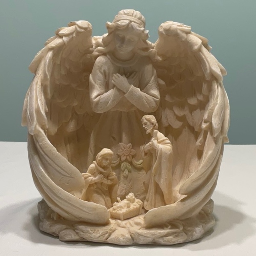 Angel Enveloping The Nativity Baby Jesus, Mary and Joseph Large Resin Figurine